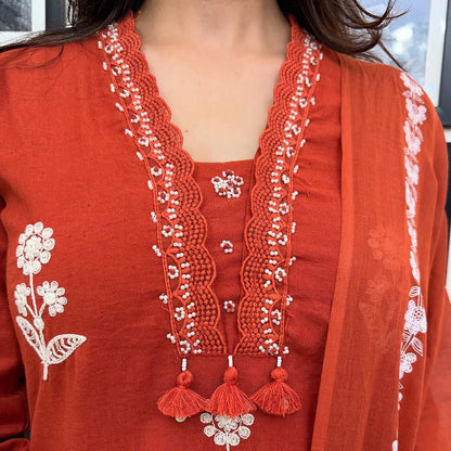 Embroidered kurta with pearl detailed neckline with pockets on sides with pants and printed malmal  dupatta