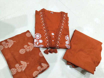 Embroidered kurta with pearl detailed neckline with pockets on sides with pants and printed malmal  dupatta