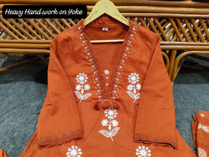 Embroidered kurta with pearl detailed neckline with pockets on sides with pants and printed malmal  dupatta