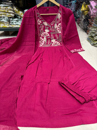 Cotton Embroidered Cut Kurta Set with Malmal Lace Dupatta (40)