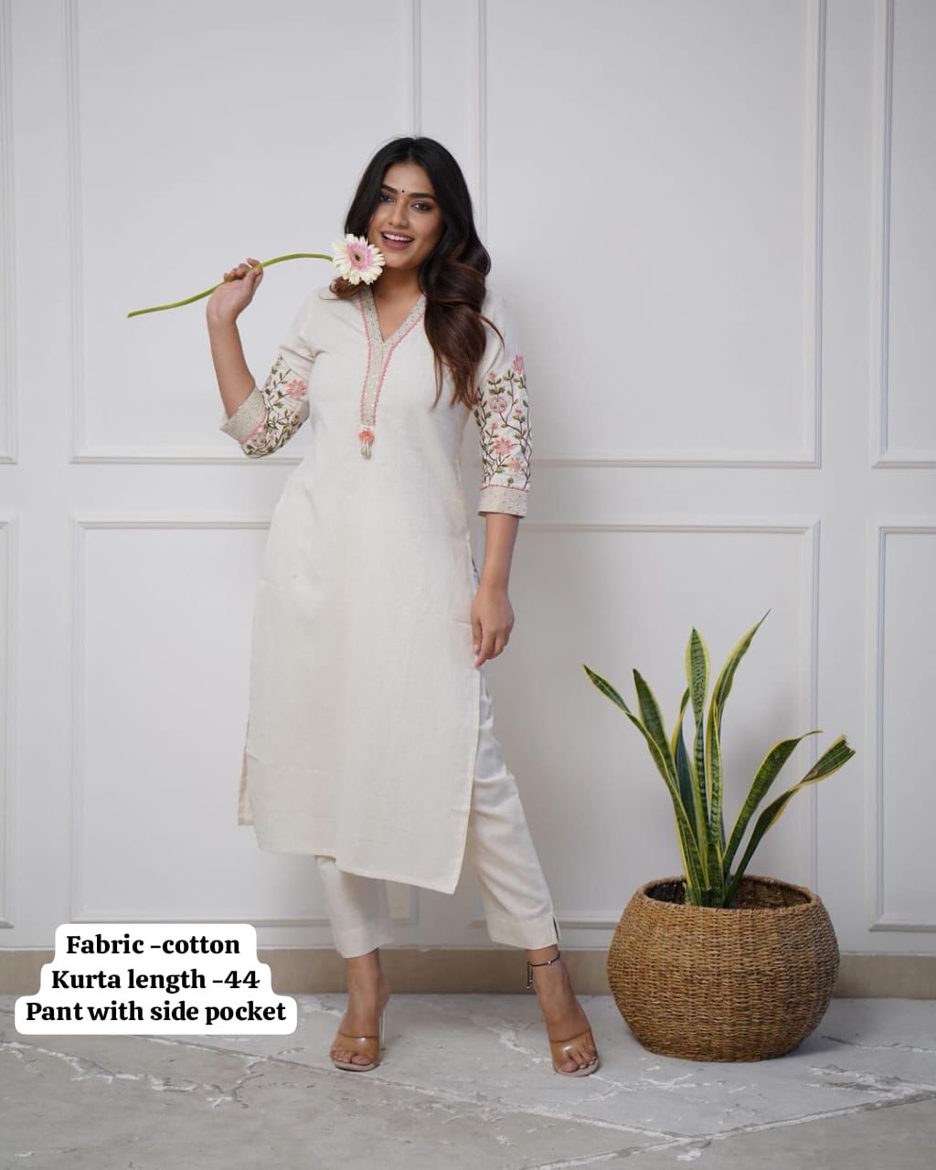 Embroidered Cotton Kurta Set with Designer Neckline Work & Kodi Tassel Detailing (41)