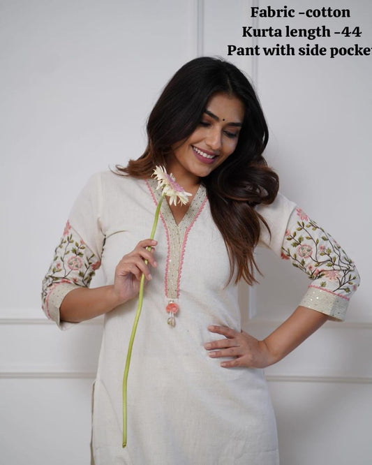 Embroidered Cotton Kurta Set with Designer Neckline Work & Kodi Tassel Detailing (41)