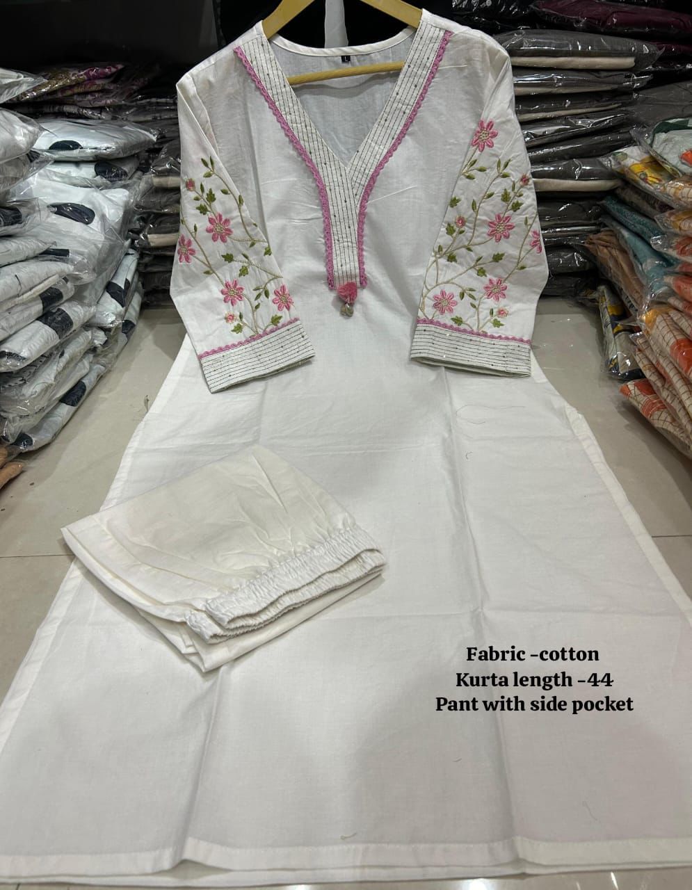 Embroidered Cotton Kurta Set with Designer Neckline Work & Kodi Tassel Detailing (41)