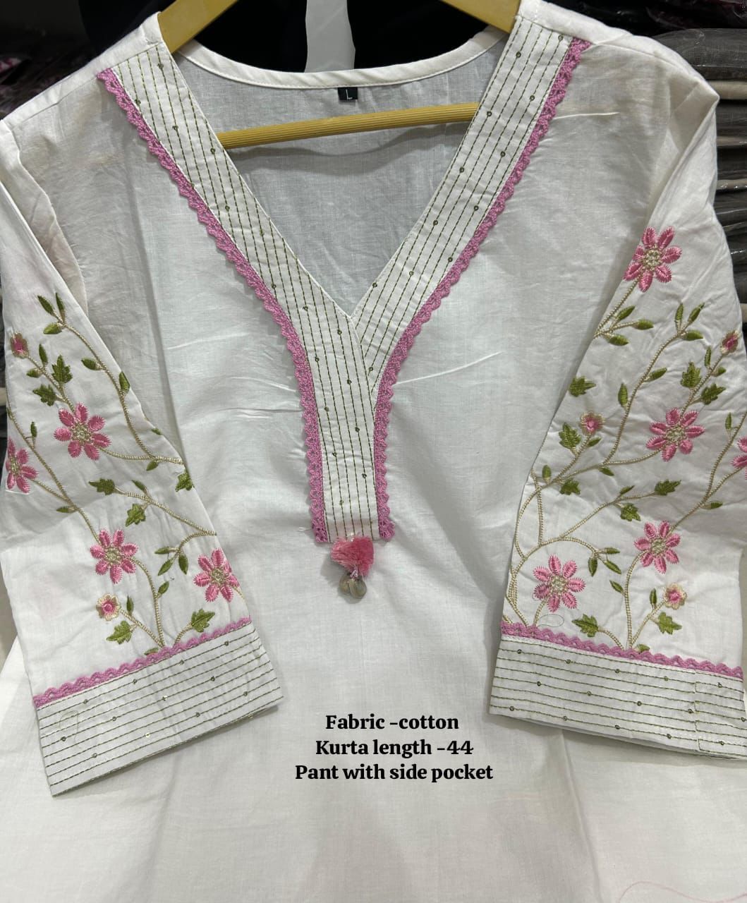 Embroidered Cotton Kurta Set with Designer Neckline Work & Kodi Tassel Detailing (41)