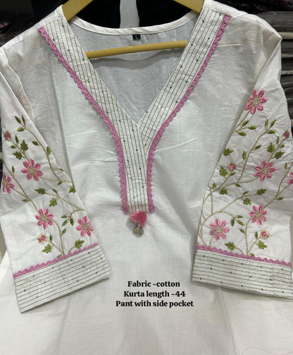 Embroidered Cotton Kurta Set with Designer Neckline Work & Kodi Tassel Detailing (41)