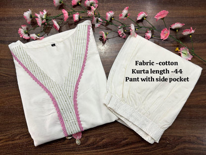 Embroidered Cotton Kurta Set with Designer Neckline Work & Kodi Tassel Detailing (41)