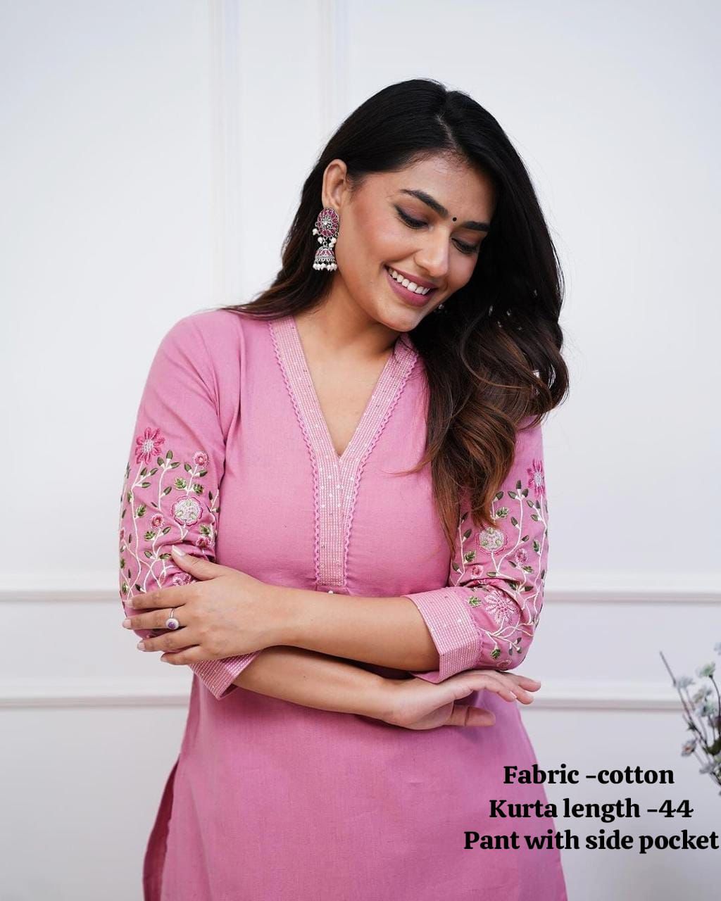 Embroidered Cotton Kurta Set with Designer Neckline Work & Kodi Tassel Detailing  (42)