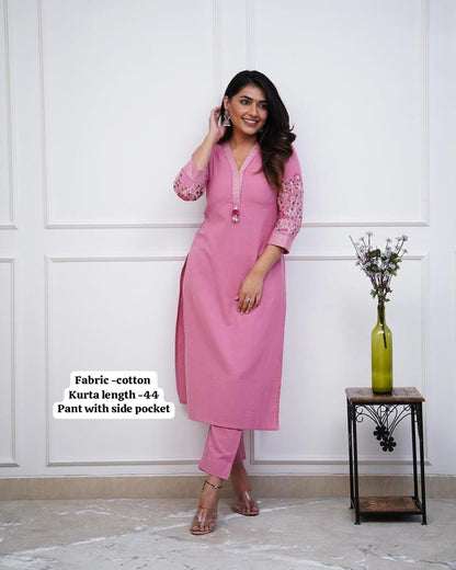 Embroidered Cotton Kurta Set with Designer Neckline Work & Kodi Tassel Detailing  (42)