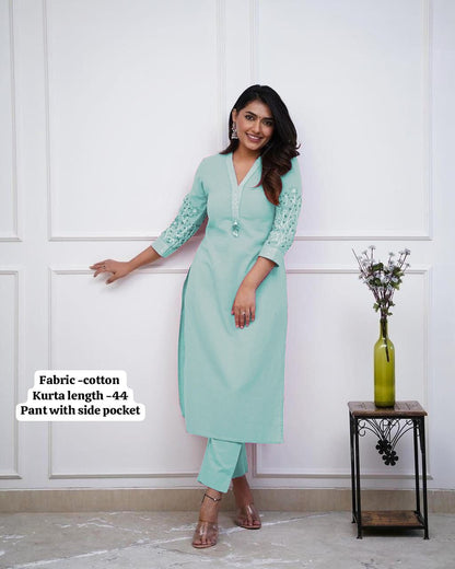 Embroidered Cotton Kurta Set with Designer Neckline Work & Kodi Tassel Detailing (43)