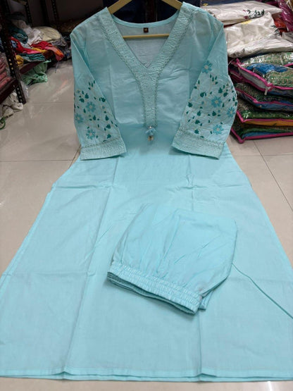 Embroidered Cotton Kurta Set with Designer Neckline Work & Kodi Tassel Detailing (43)