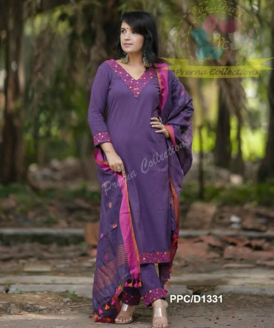 Timeless Cotton Suit with Intricate Yoke Embroidery and Full Linen Dupatta