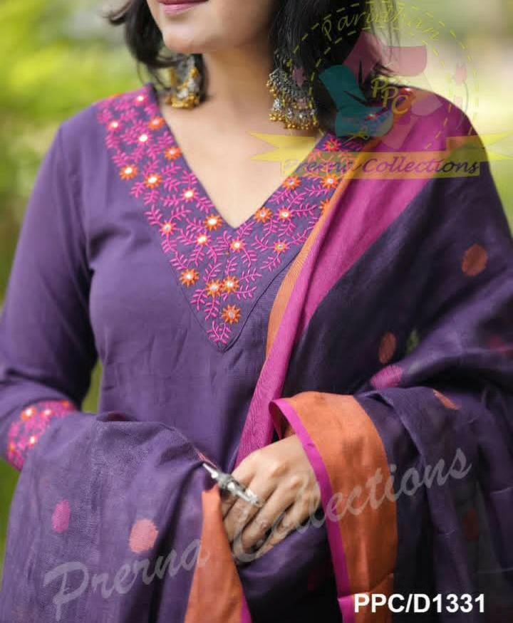 Timeless Cotton Suit with Intricate Yoke Embroidery and Full Linen Dupatta