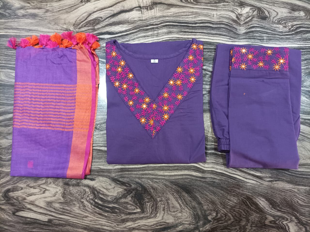 Timeless Cotton Suit with Intricate Yoke Embroidery and Full Linen Dupatta