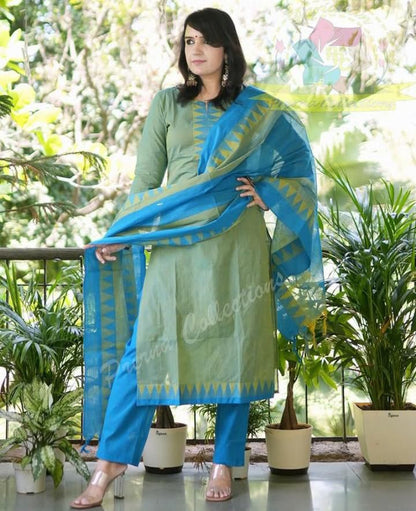 South Cotton Handloom Kurta Set: Self Thread Butti Work & Temple Border Dupatta