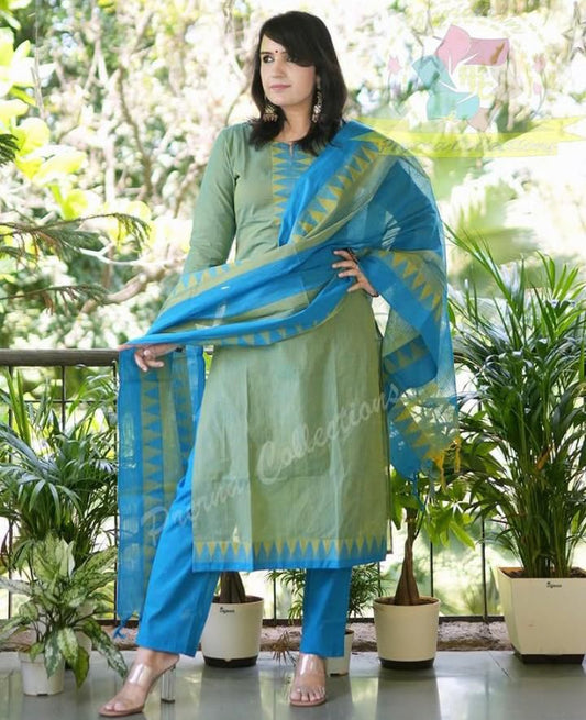 South Cotton Handloom Kurta Set: Self Thread Butti Work & Temple Border Dupatta
