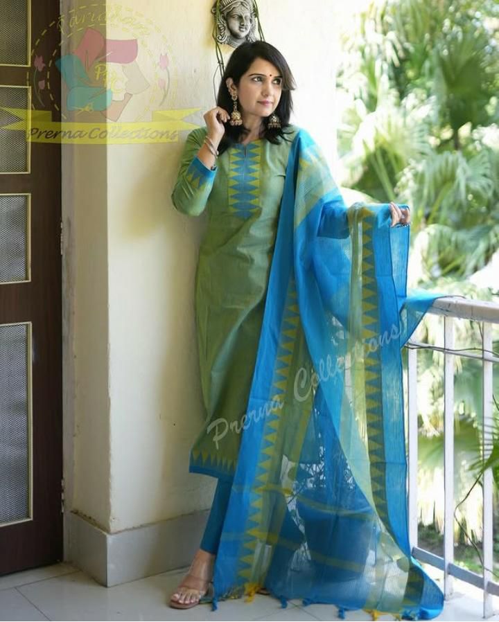 South Cotton Handloom Kurta Set: Self Thread Butti Work & Temple Border Dupatta