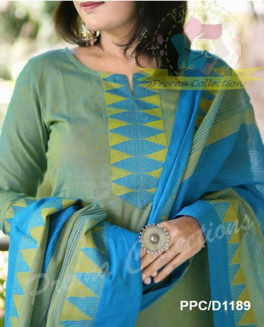 South Cotton Handloom Kurta Set: Self Thread Butti Work & Temple Border Dupatta