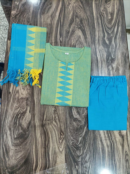South Cotton Handloom Kurta Set: Self Thread Butti Work & Temple Border Dupatta