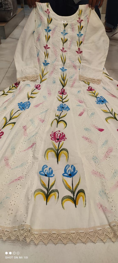 Anarkali Chickenkari Hand-Printed Kurti Set with Mulmul Dupatta