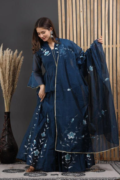 Hand Painted Chanderi Lehenga Set