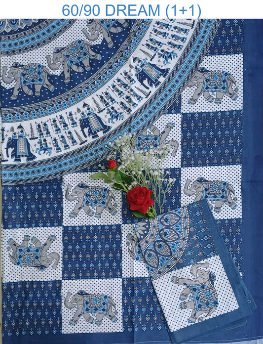 Blue and white patterned fabric with elephants and a bouquet of flowers on a blue background.