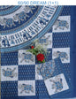 Blue and white patterned fabric with elephants and a bouquet of flowers on a blue background.