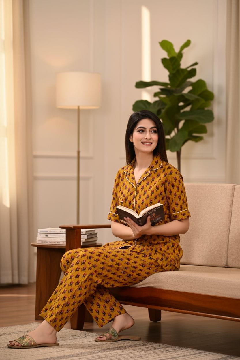 Woman in a yellow patterned outfit sitting on a couch holding a book in a cozy living room.