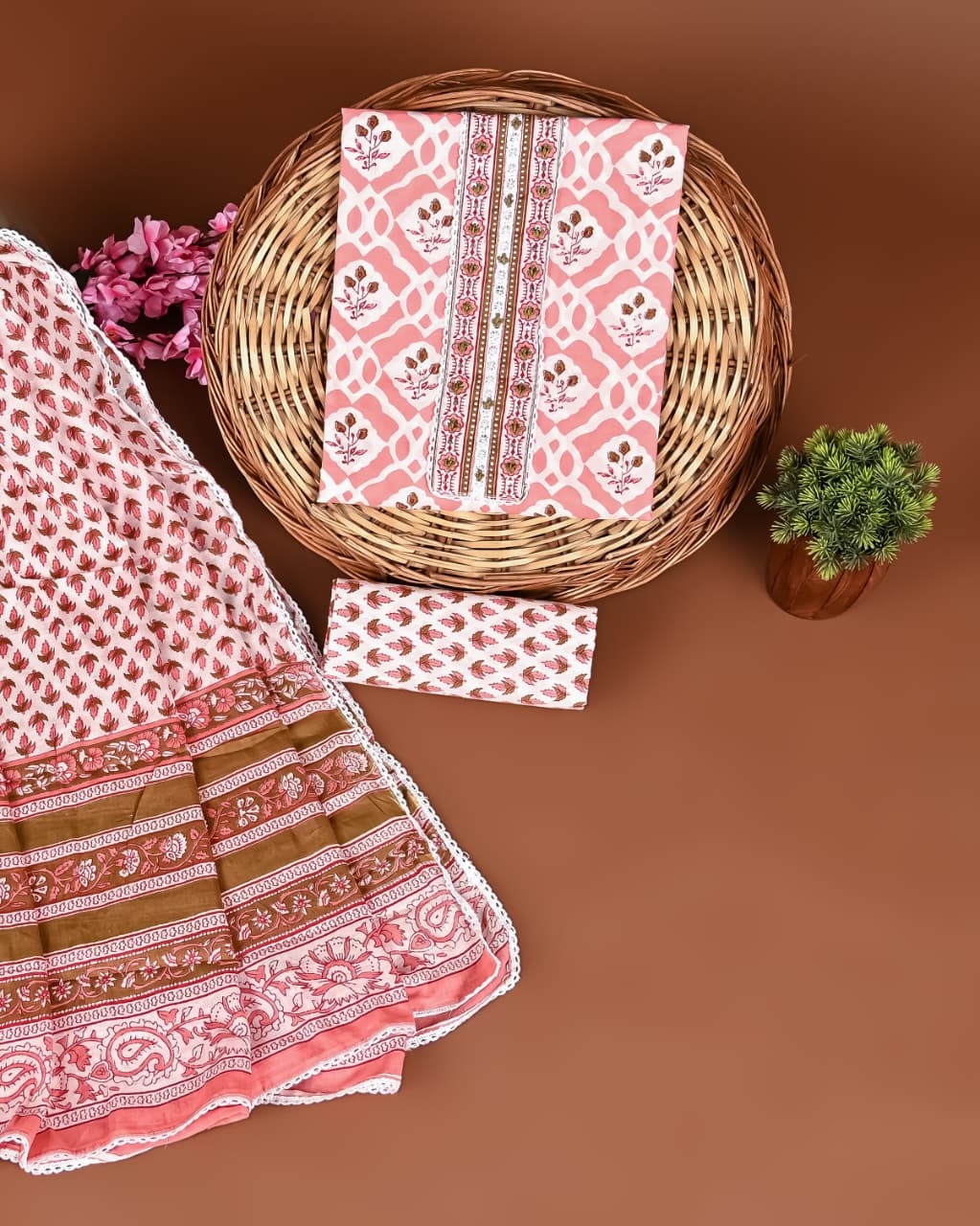 Cotton Suits with Gota Patti Work (Pink-White-Brown)