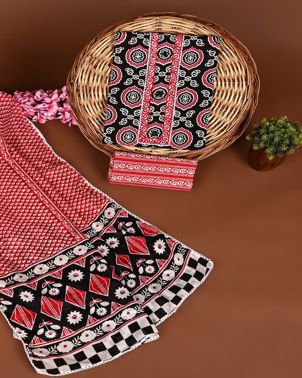 Cotton Suits with Gota Patti Work (Red-White-Black)