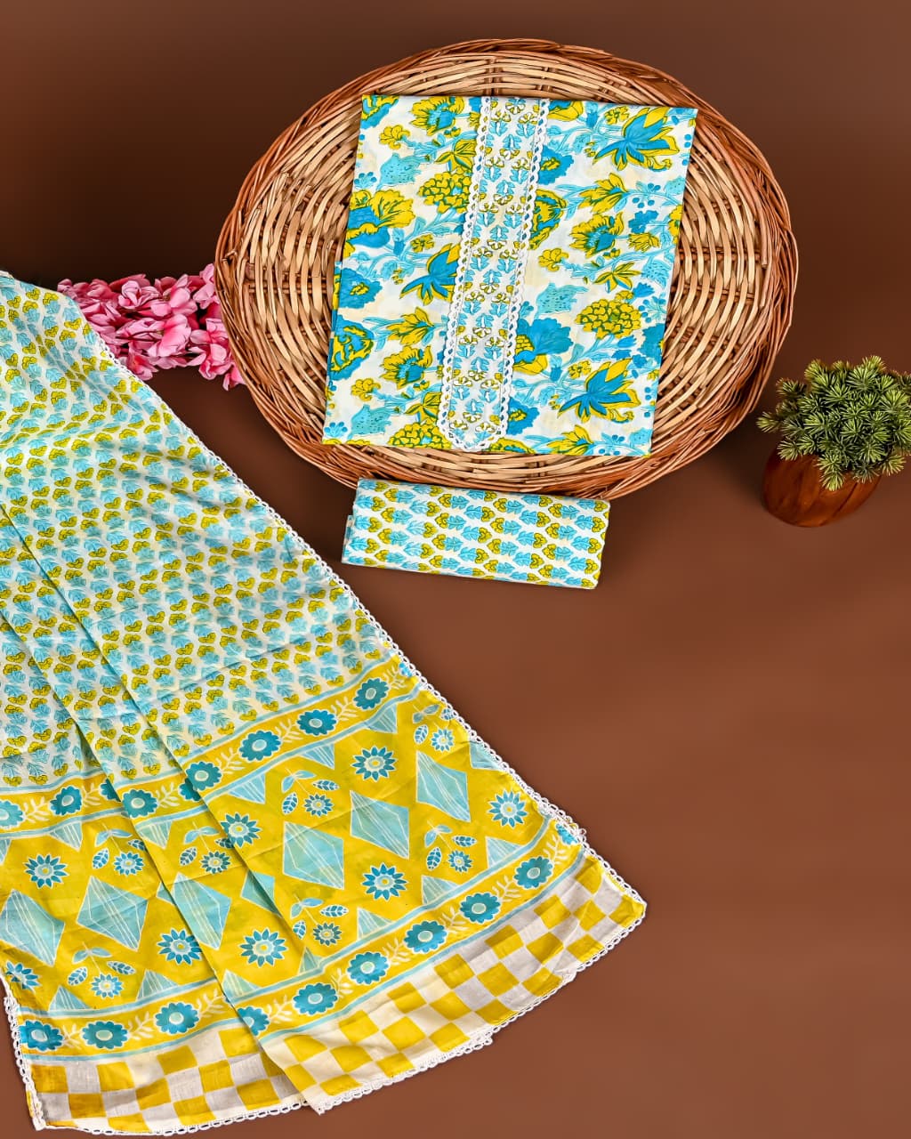 Cotton Suits with Gota Patti Work (Yellow-Peacock Blue)