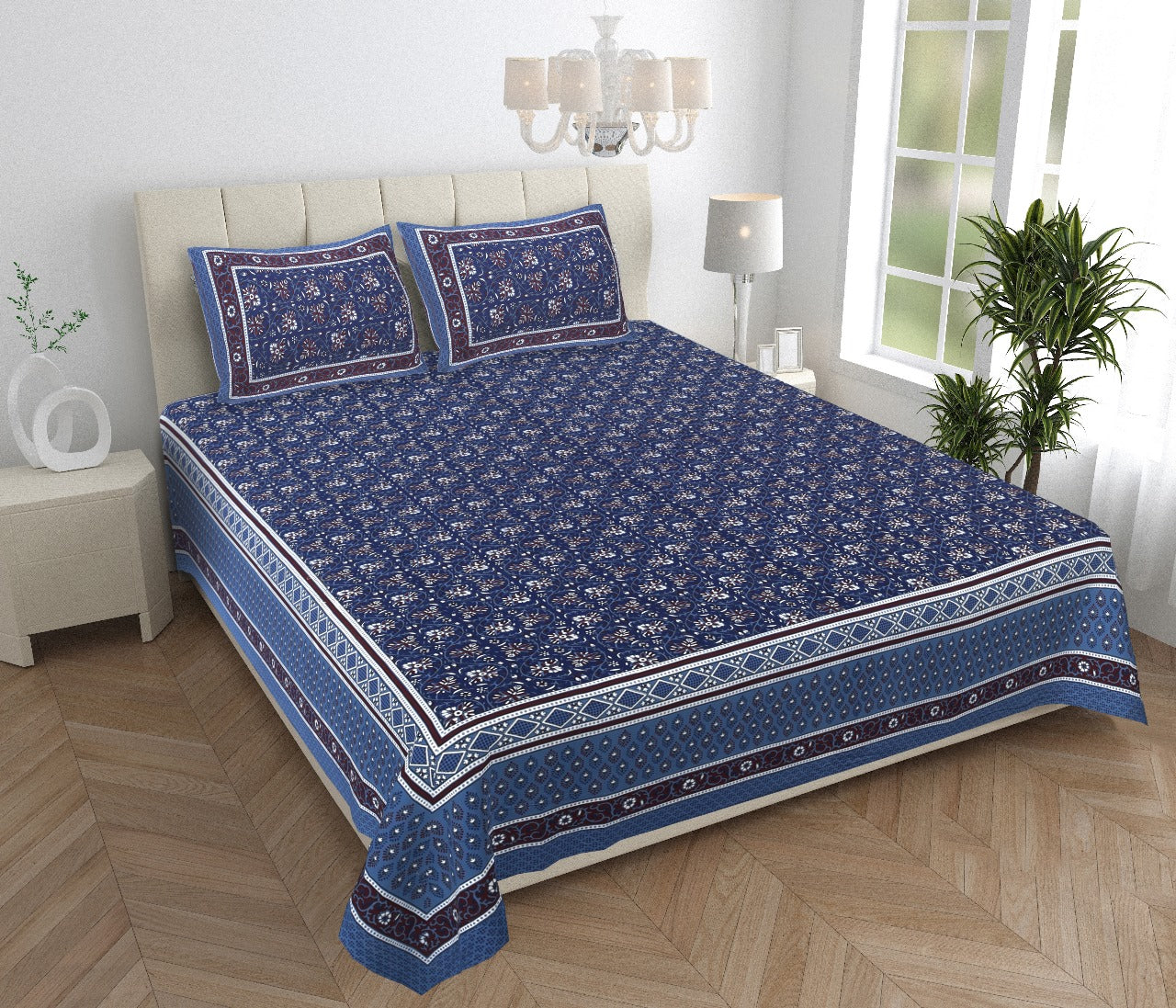Royal Sanganer Bedsheet – Double Bed(Blue White Black)