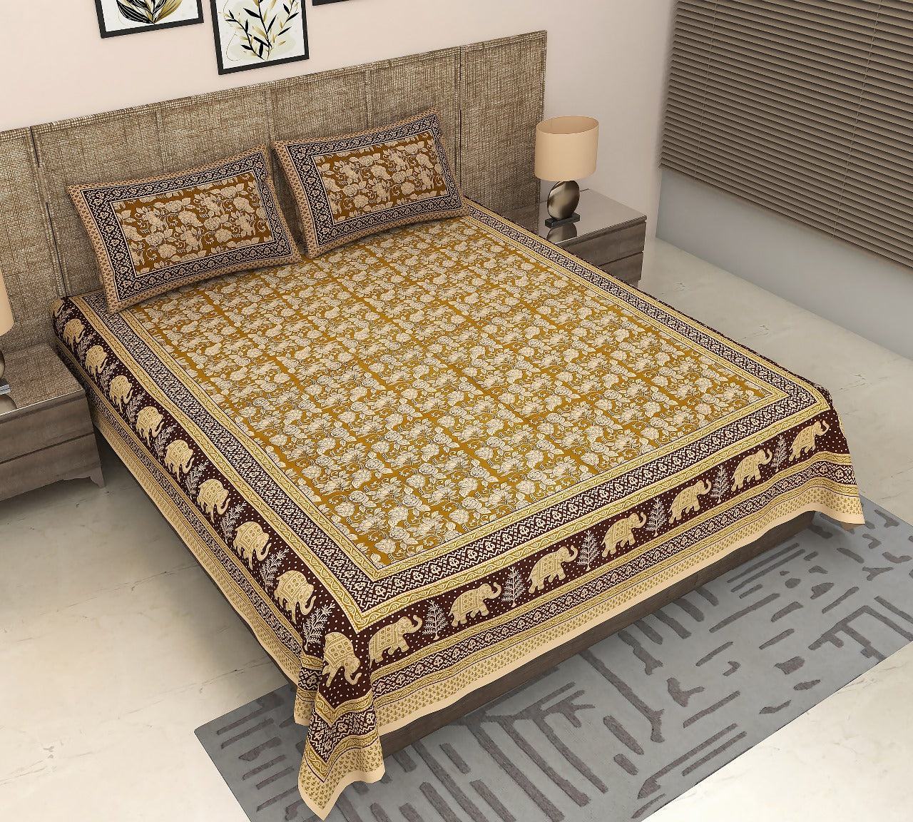 Royal Sanganer Bedsheet – Double Bed (Yellow white Brown)