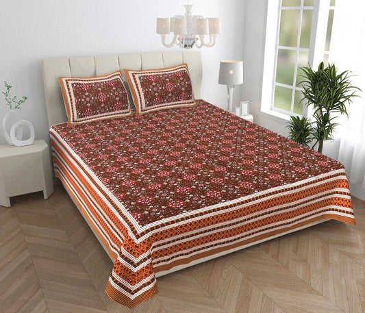 Royal Sanganer Bedsheet – Double Bed (Orange White Brown)