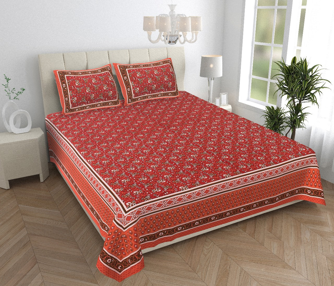 Royal Sanganer Bedsheet – Double Bed (Red White Brown)