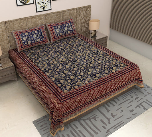 Royal Sanganer Bedsheet – Double Bed (Marron Blue)