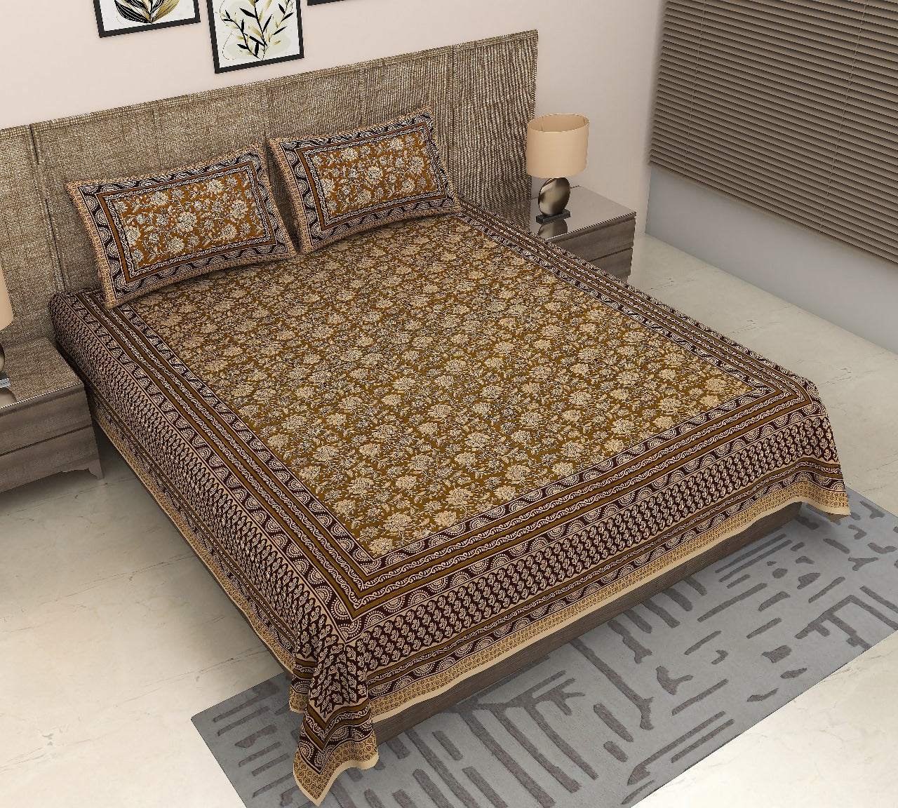 Royal Sanganer Bedsheet – Double Bed (Musturd Yellow Brown)