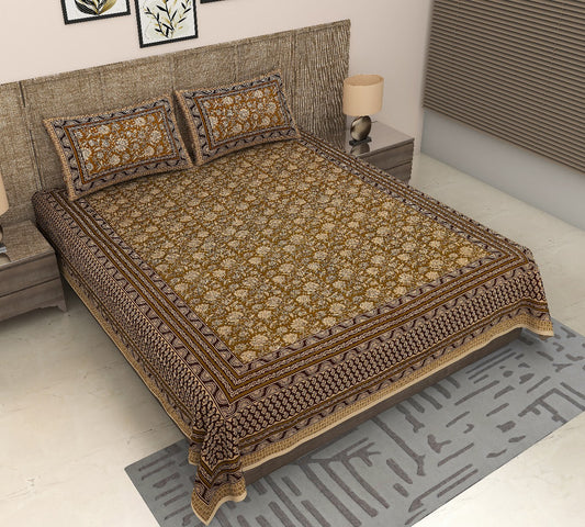 Royal Sanganer Bedsheet – Double Bed (Musturd Yellow Brown)