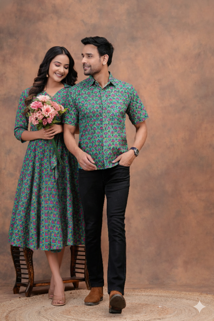 Pure Cotton Printed Jaipuri Kurtis-One-piece, With Umbrella Cut And Mens Shirts (Combo Offer)  (1)