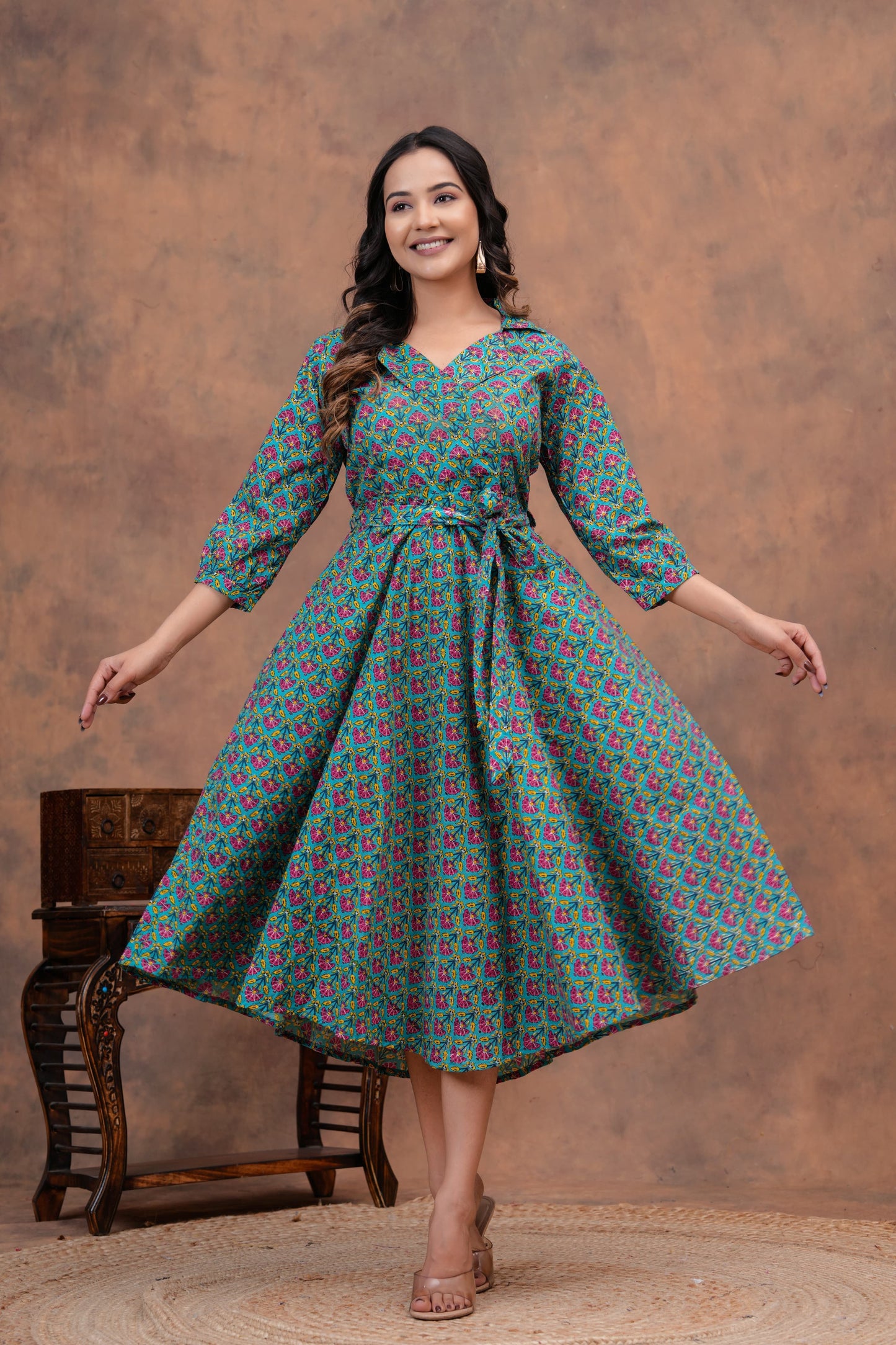 Pure Cotton Printed Jaipuri Kurtis-One-piece, With Umbrella Cut And Mens Shirts (Combo Offer)  (1)
