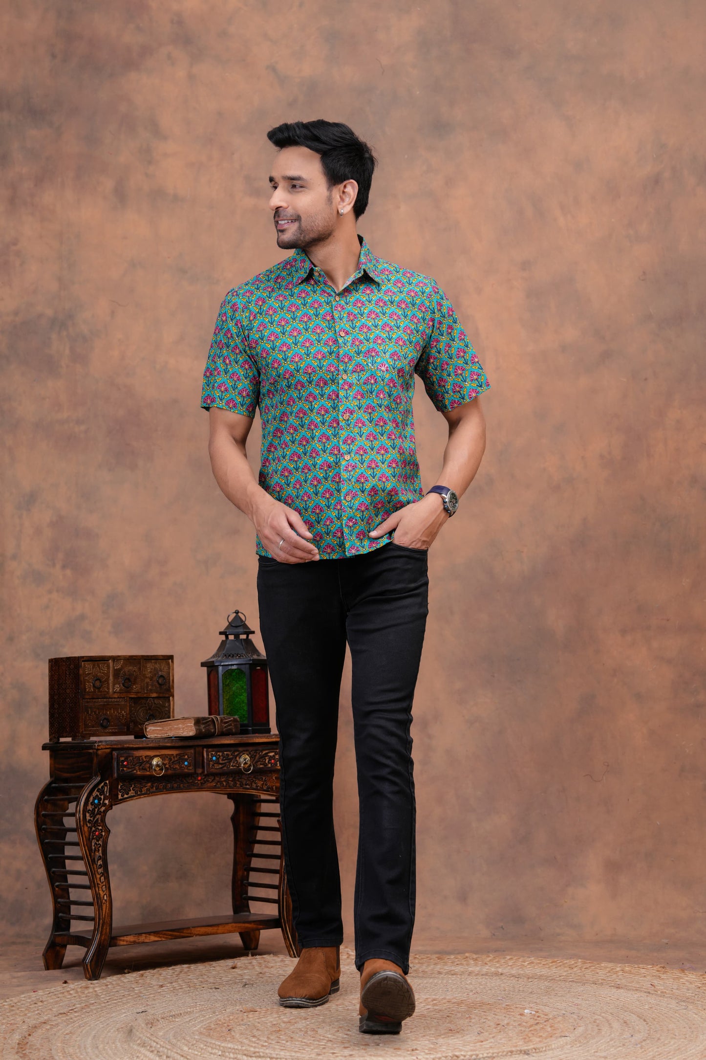 Pure Cotton Printed Jaipuri Kurtis-One-piece, With Umbrella Cut And Mens Shirts (Combo Offer)  (1)