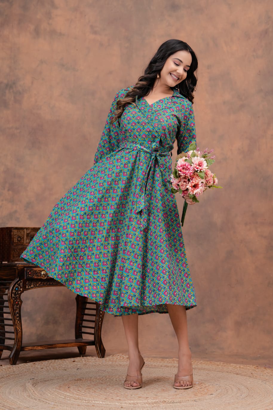 Pure Cotton Printed Jaipuri Kurtis-One-piece, With Umbrella Cut And Mens Shirts (Combo Offer)  (1)