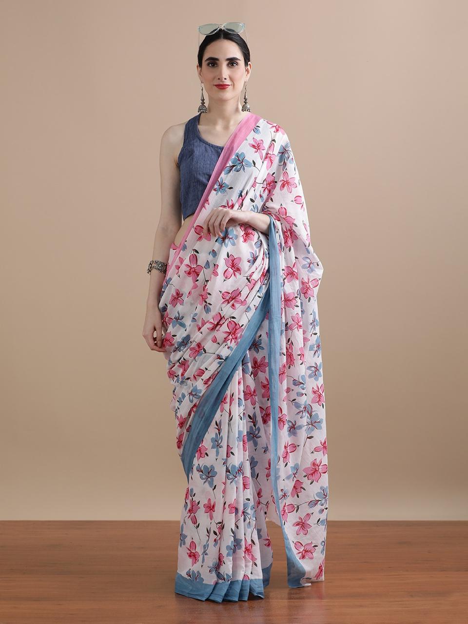 Pure Cotton Mul Mul  Printed Sarees With Blouse (10)