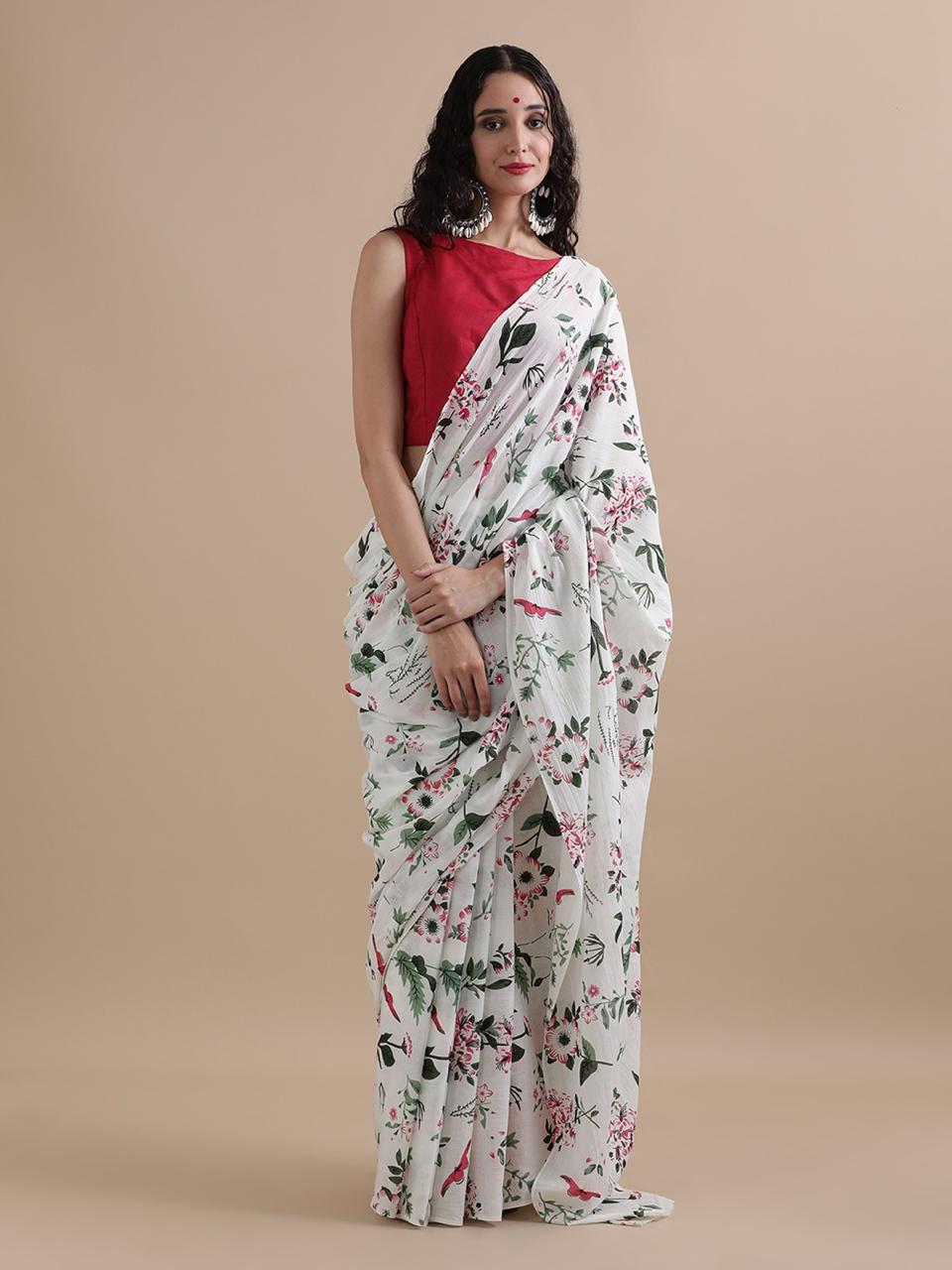 Pure Cotton Mul Mul  Printed Sarees With Blouse (38)