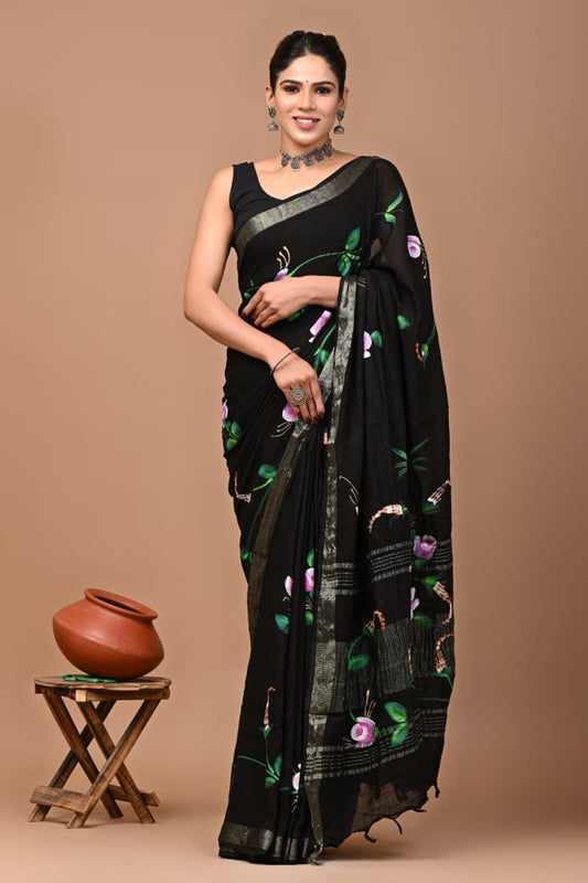 Pure  Hand block printed cotton linen saree with blouse (63)