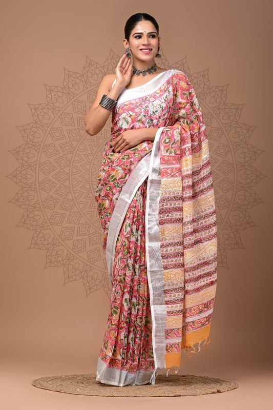 Pure  Hand block printed cotton linen saree with blouse (64)