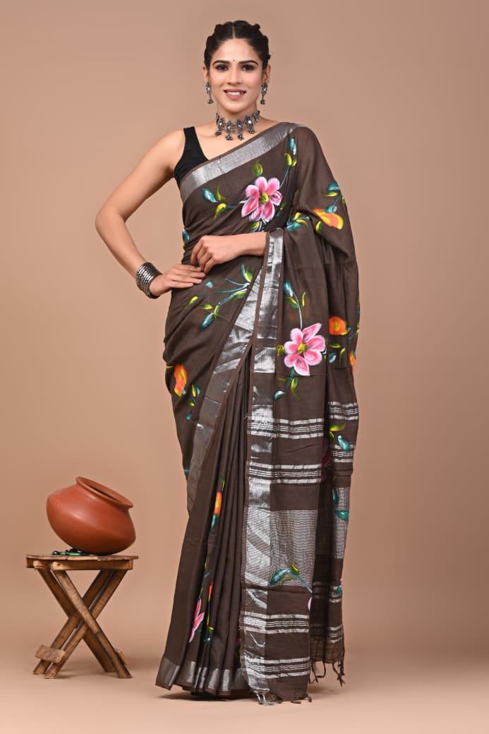 Pure  Hand block printed cotton linen saree with blouse (65)