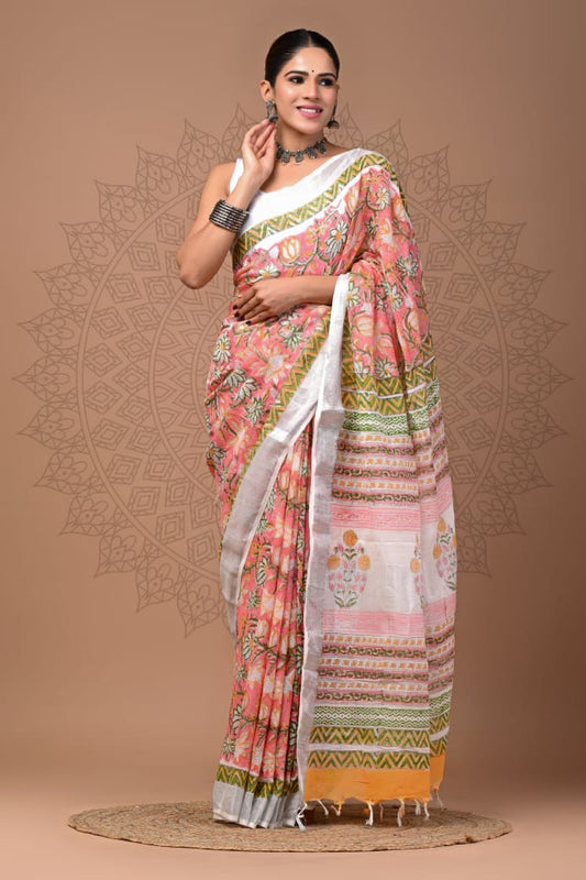 Pure  Hand block printed cotton linen saree with blouse (66)