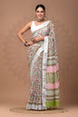 Pure  Hand block printed cotton linen saree with blouse (67)