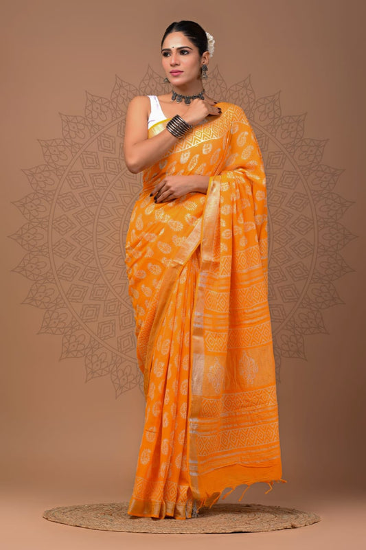 Pure  Hand block printed cotton linen saree with blouse (68)