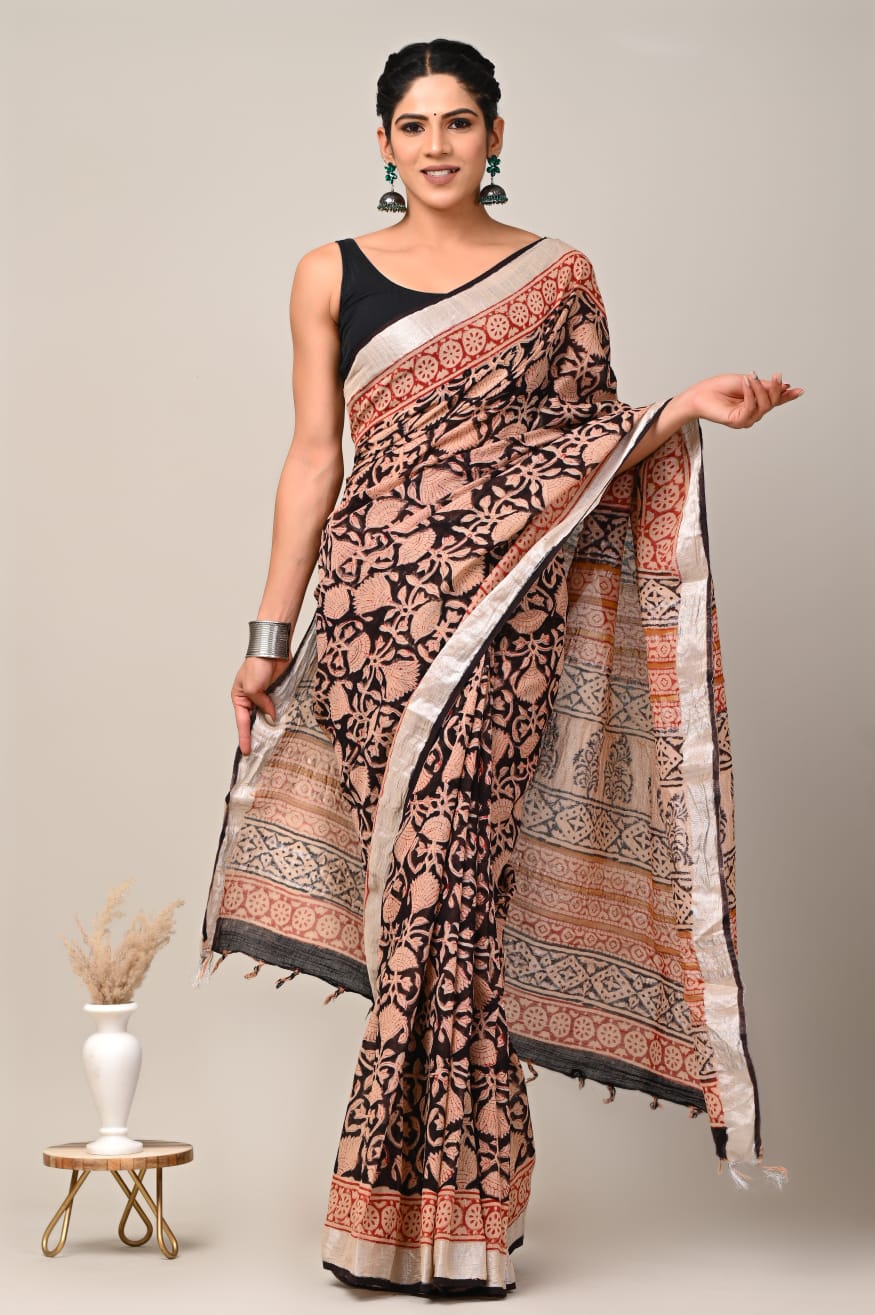 Pure  Hand block printed cotton linen saree with blouse (69)